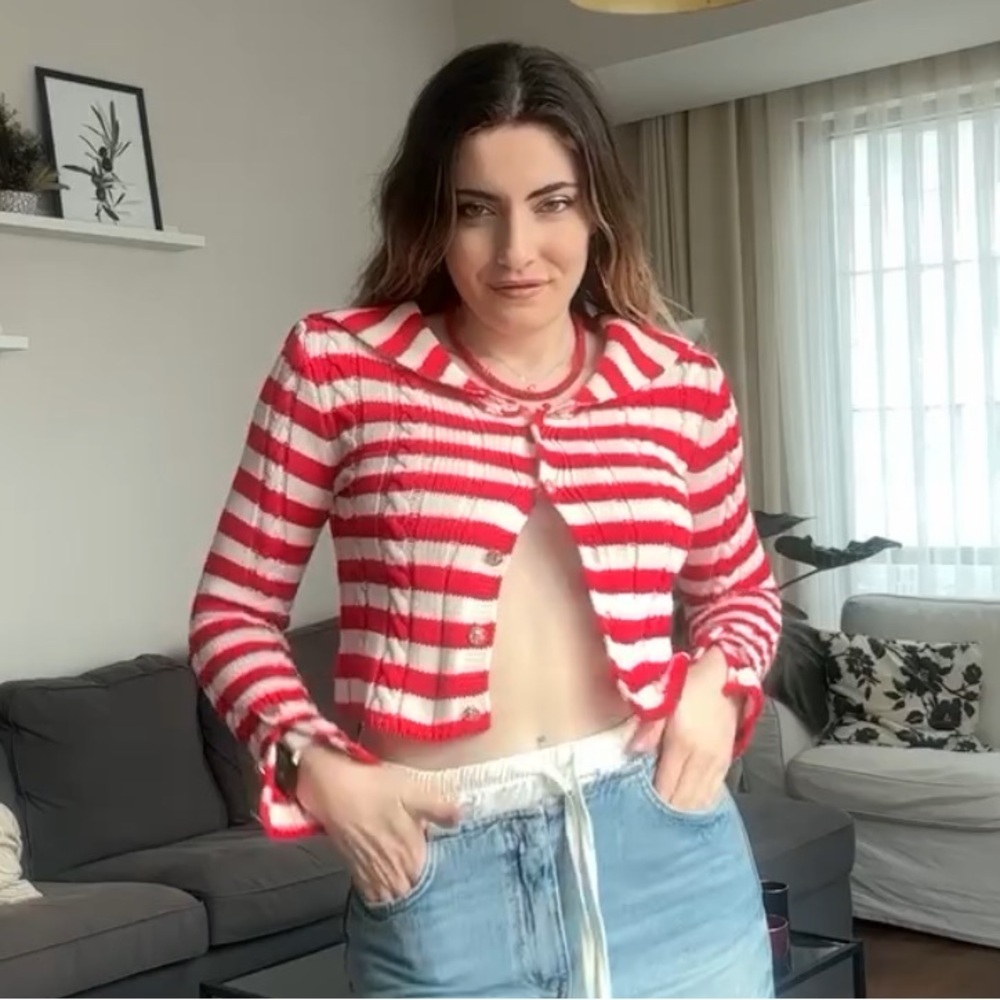 Zara Striped Cable Knit Cardigan Large - Picture 5 of 10